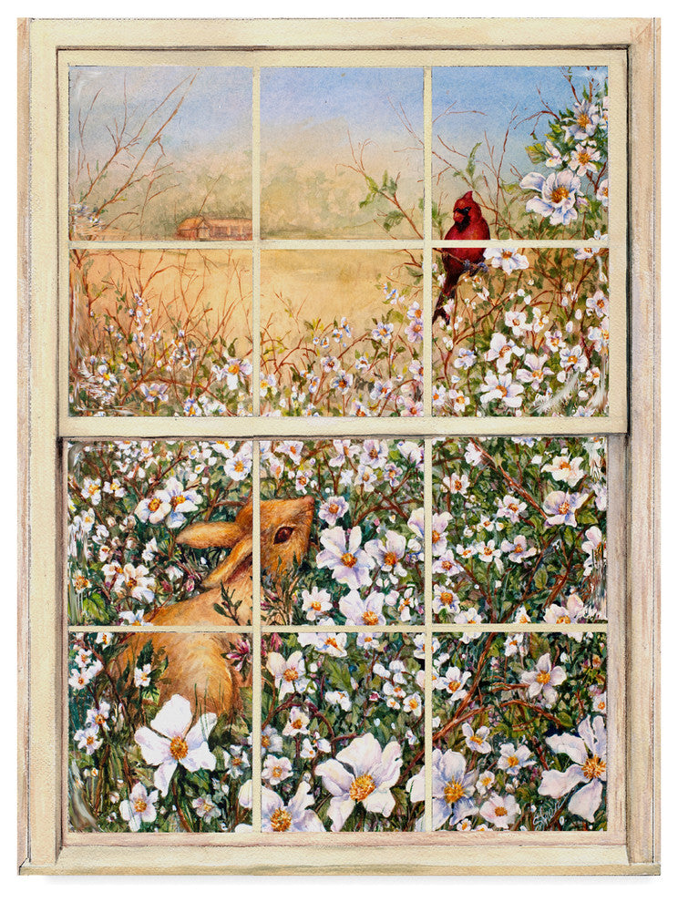 "Bunny And Berries Through The Window" by Sher Sester, Canvas Art, 19"x14"