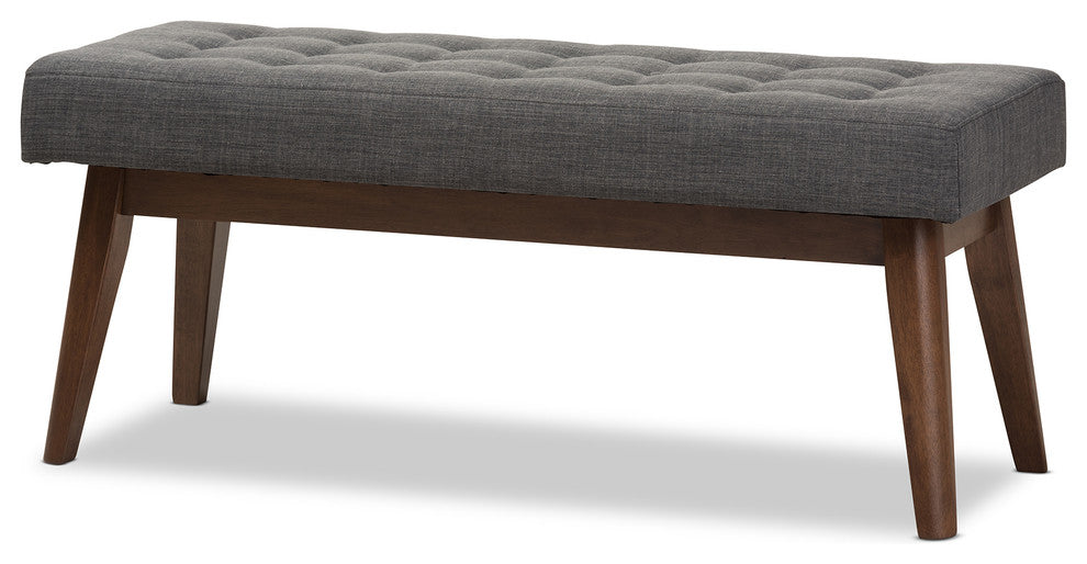 Elia Mid-Century Modern Walnut Wood Dark Gray Button-Tufted Bench