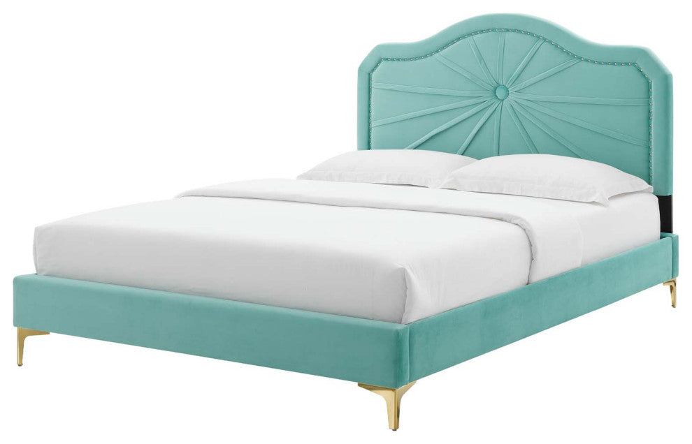 Platform Bed Frame, King Size, Velvet, Blue, Modern Contemporary, Bedroom Master