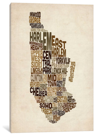"New York Typographic Map III" by Michael Tompsett, Canvas Print, 18x12"