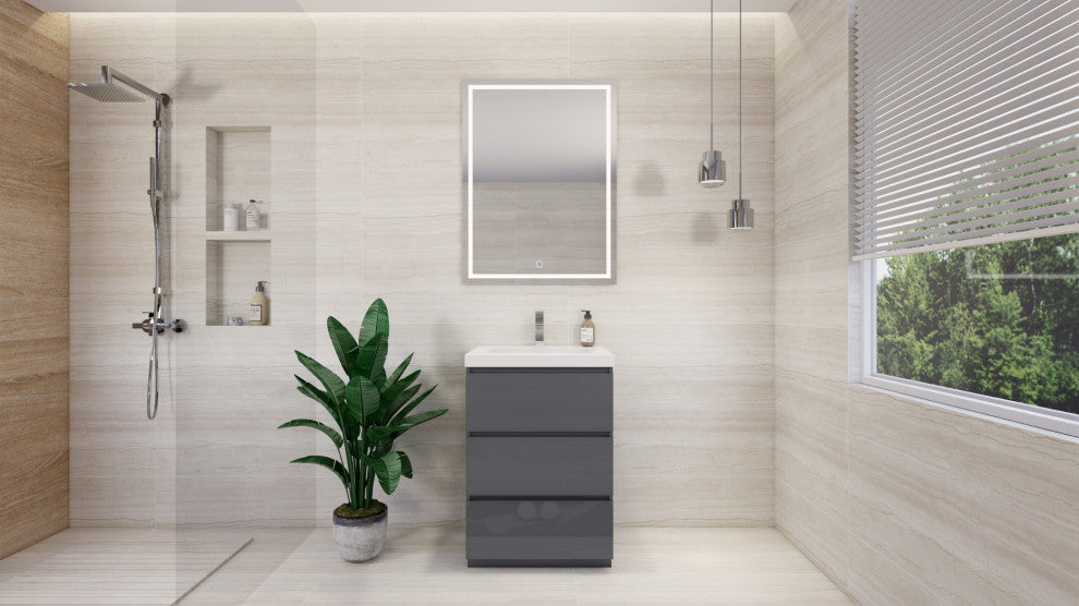 Alston 24" Free Standing Modern Vanity, High Gloss Gray, Glossy White Top