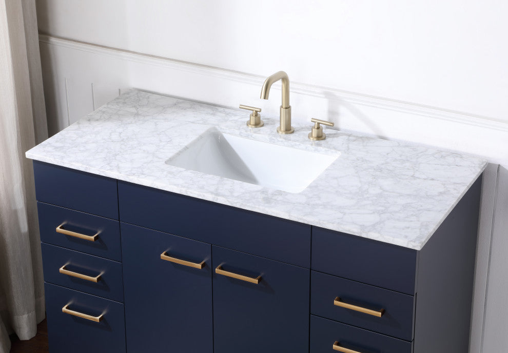 Enigma 48" W Freestanding Bath Vanity, Blue With White Carrara Marble Top