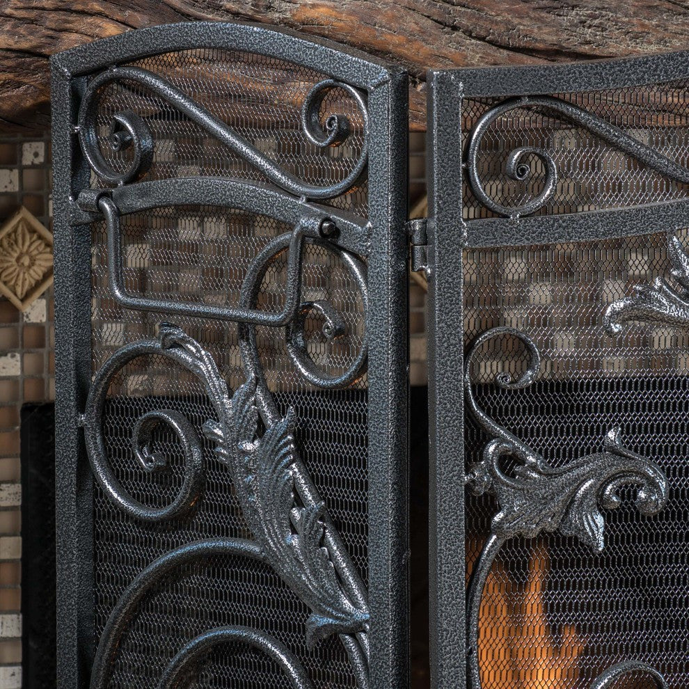 GDF Studio Mariella Floral Iron Fireplace Screen, Silver Finish