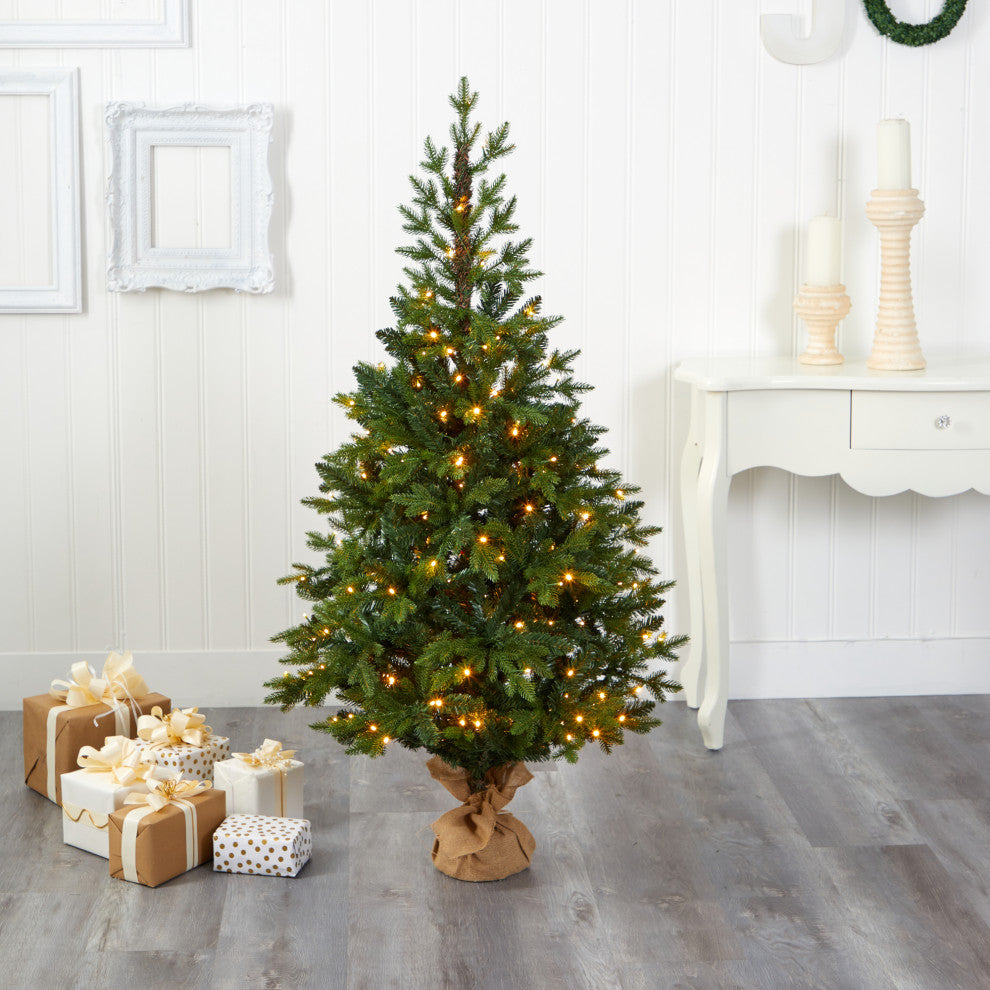 5' Fraser Fir Natural Look Faux Xmas Tree W/ Lights, Base & Bendable Branches