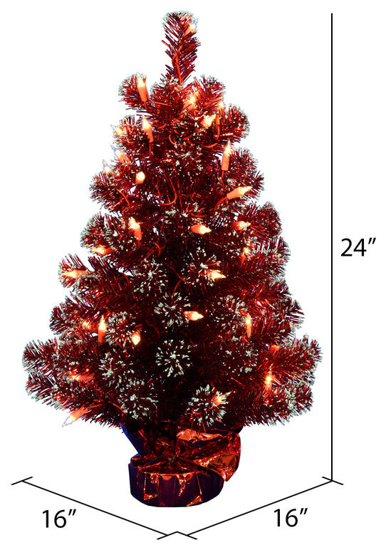 Vickerman G190325 2'X16" Dark Red Tinsel Christmas Tree, Clear Lights