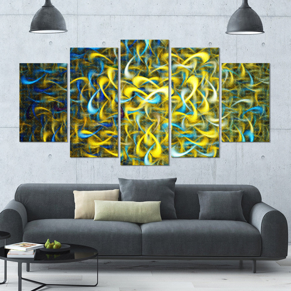 Golden Watercolor Fractal Pattern, Contemporary Art on Canvas, 60"x32", 5 Panels