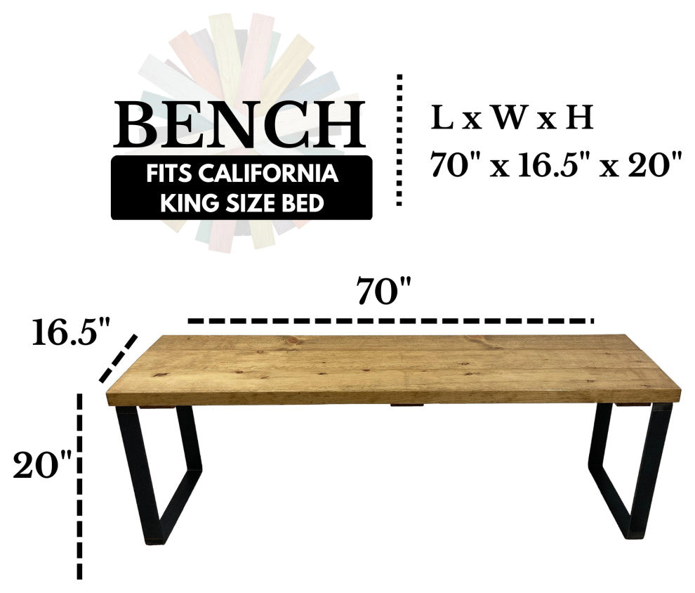 Bedroom or Entryway Bench, Heavy Duty Industrial Metal Legs, Golden Brown, Length 70", Fits California King Bed