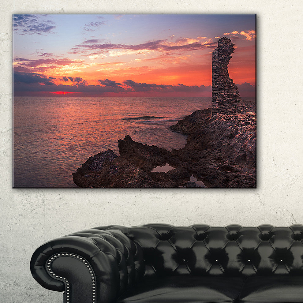 "Red Rocky Beach With Ancient Ruins" Oversized Beach Canvas Artwork, 40"x20"