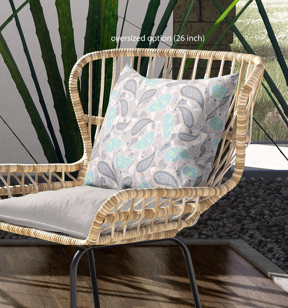 26" Gray Turquoise Boho Paisley Indoor Outdoor Throw Pillow