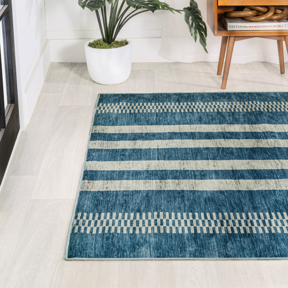 Vichy Geometric Striped Machine-Washable Blue/Cream 8 ft. x 10 ft. Area Rug
