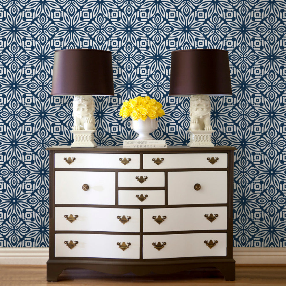 Geo Flowers Peel and Stick Vinyl Wallpaper, Navy, 24"w X 108"h