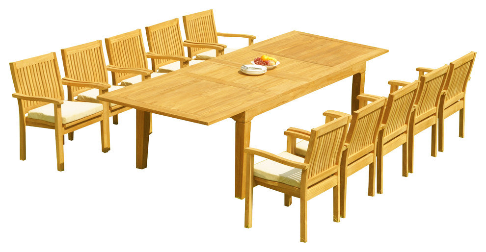 11-Piece Outdoor Teak Dining Set 122" Rectangle Table, 10 Lev Stacking Arm Chair