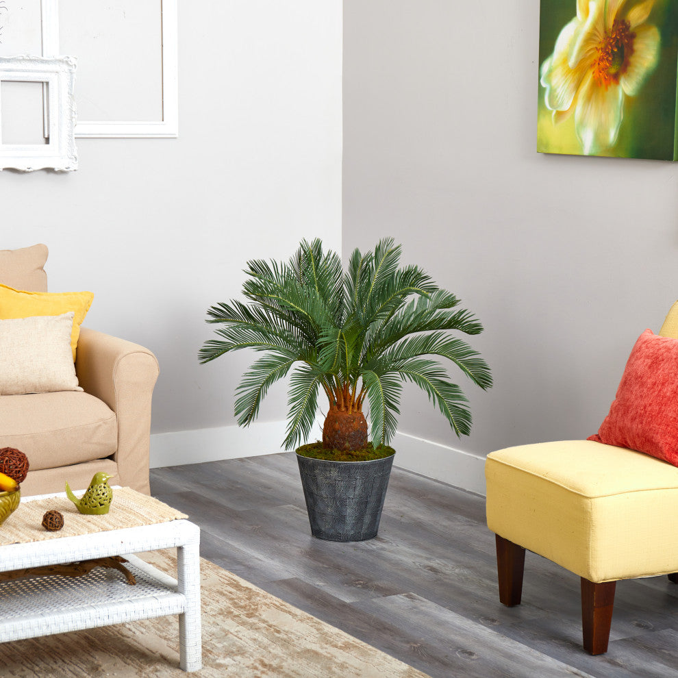 40" Cycas Artificial Tree, Black Embossed Tin Planter