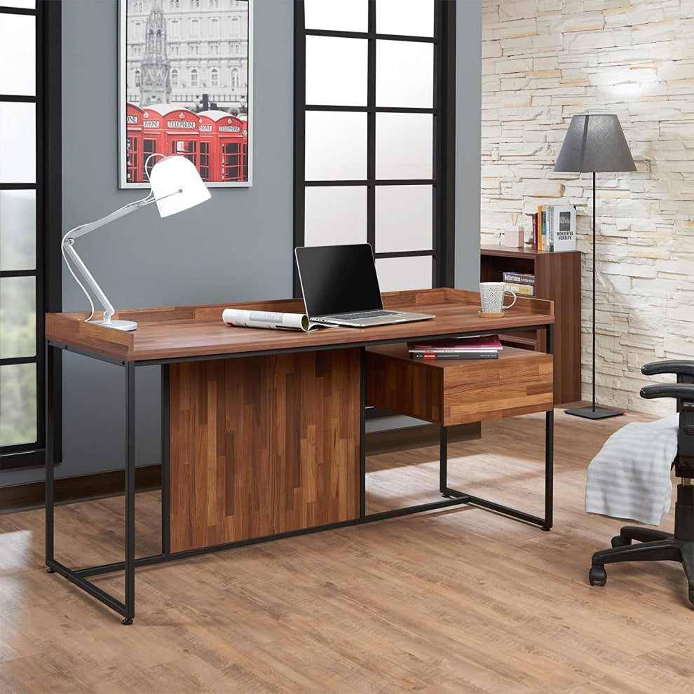 Spacious Desk, Sled Metal Base and Rectangular Top With Raised Edges, Walnut