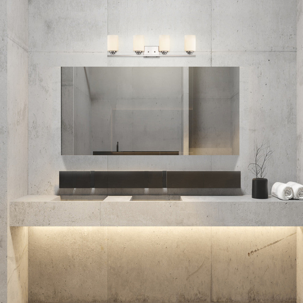 4-Light Brushed Nickel Vanity Lights With White Etched Glass Shades