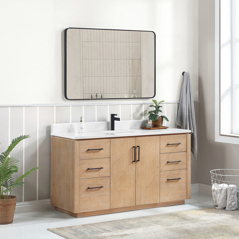 San Bath Vanity with Stone Top, Fir Wood Brown, 60" Single Sink, Single Vanity, With Mirror