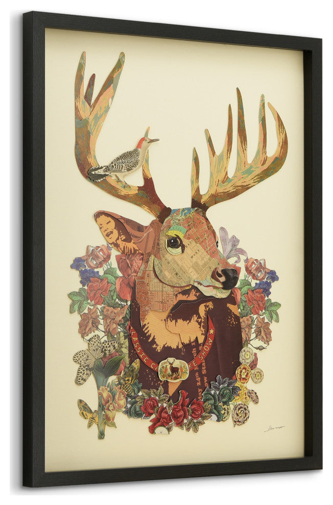 Mr. Deer Dimensional Handmade Collage Wall Art Framed Under Glass