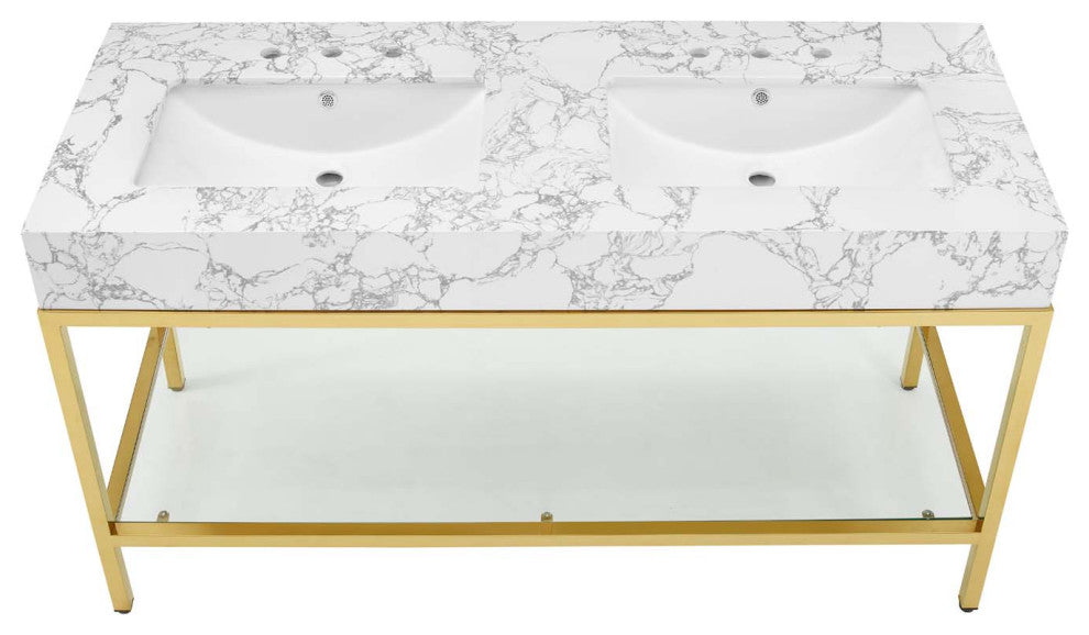 Sink Vanity Cabinet, Artificial Marble, Metal, Gold White, Modern, Bathroom