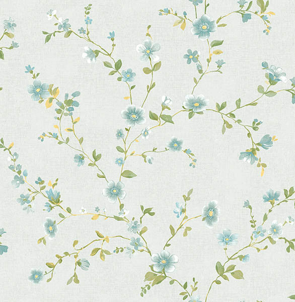 Traditional Floral Vine Wallpaper, Blue/Green/Yellow, Sample