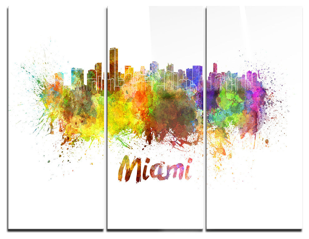 "Miami Skyline" Glossy Metal Wall Art, 3 Panels, 36"x28"