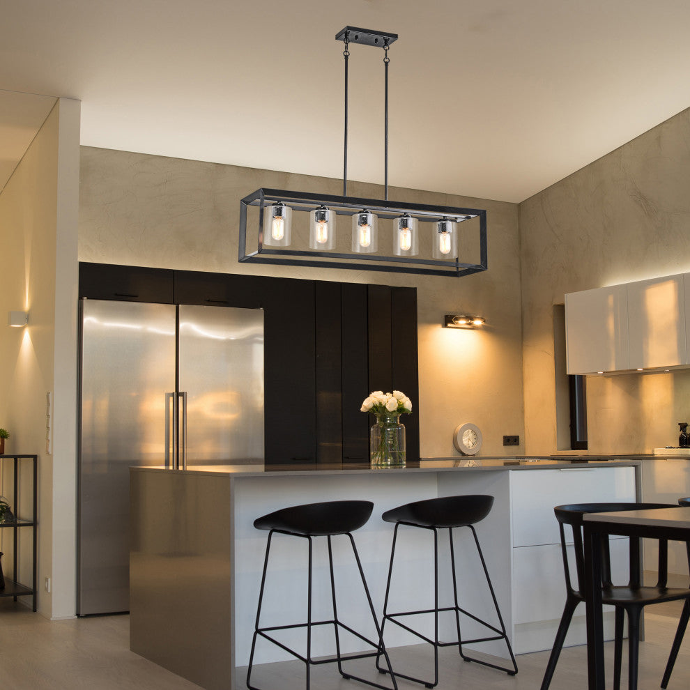 5-Light Antique Black Rectangular Kitchen Island Chandelier With Glass Shades