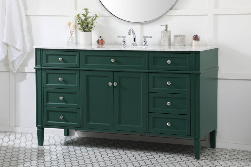 Home Living Vanity with Carrara White Marble Countertop, Green, 60", Single Sink