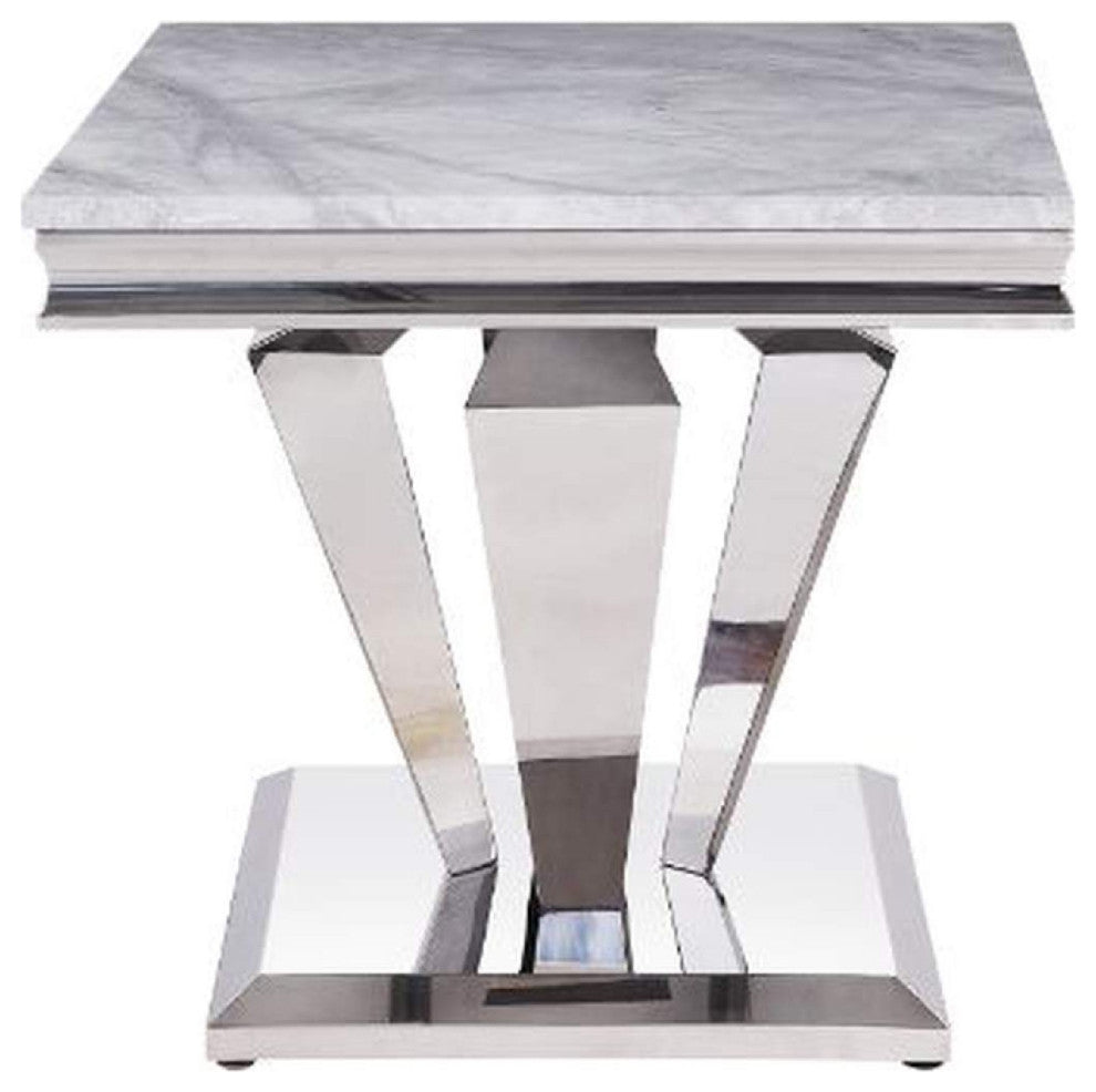 Benzara BM269588 End Table With Faux Marble Top and Metal Base, White and Silver