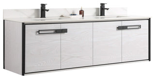 Oakville Wall Mount Bathroom Vanity, Mild Grey Oak, 72", Black Hardware