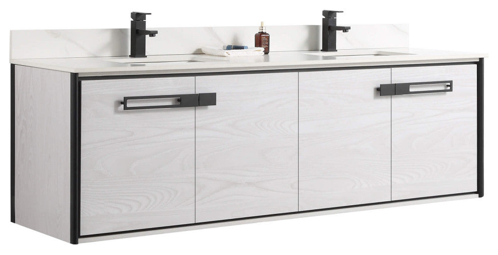 Oakville Wall Mount Bathroom Vanity, Mild Grey Oak, 72", Black Hardware
