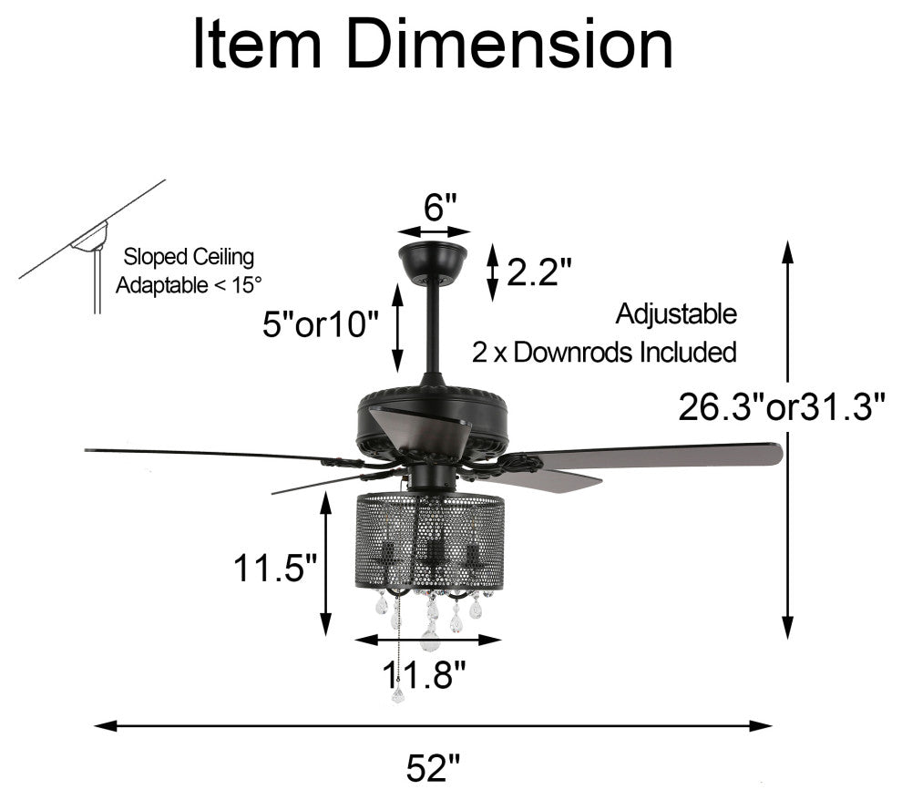 Black Ceiling Fan with Remote Reversible Chandelier 52inch, Black