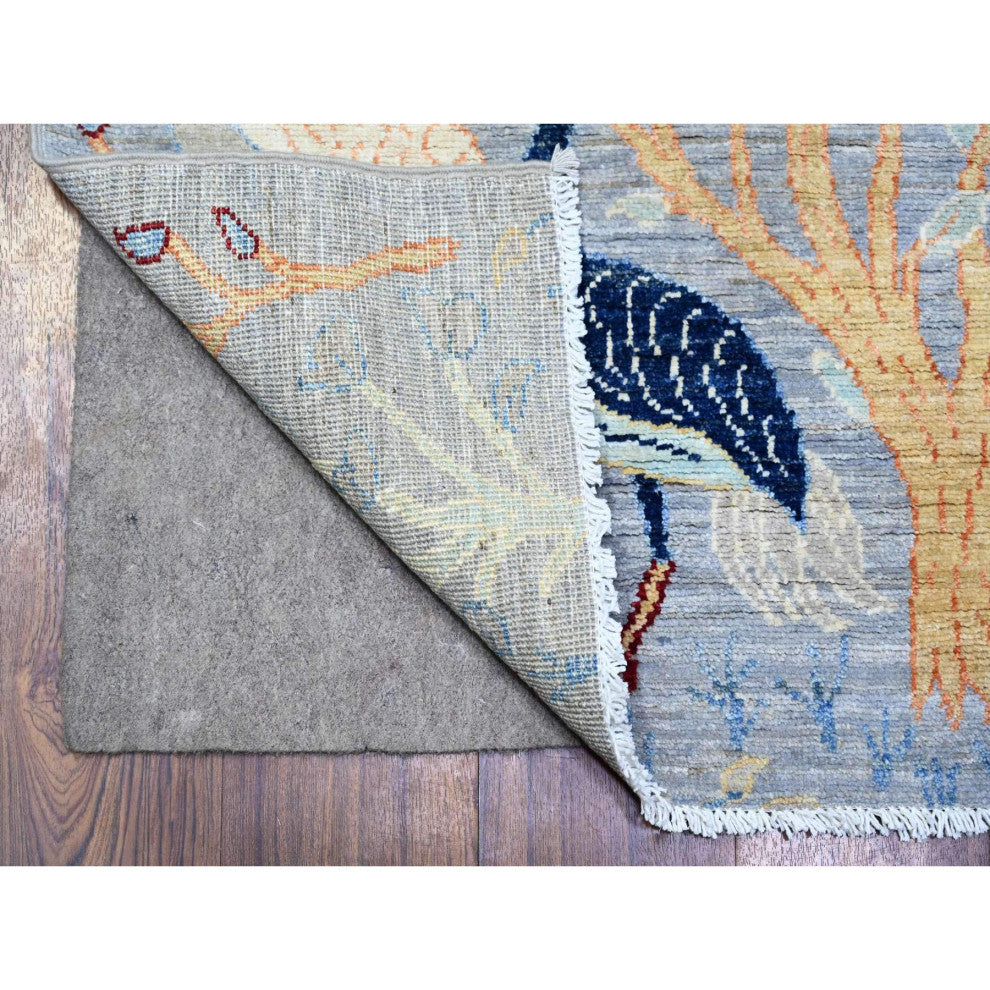 Gray Peshawar Birds of Paradise Abrash Hand Knotted Runner Rug, 2'7"x7'10"