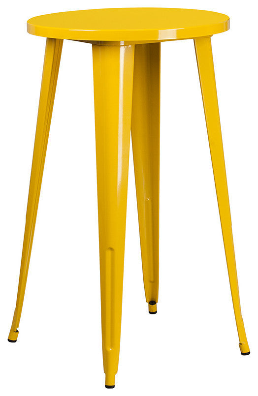 24" Round Yellow Metal Bar 3-Piece Table Set With 2 Vertical Slat Back Stools