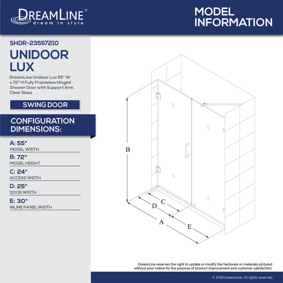 Dreamline Unidoor Lux 55" Frameless Hinged Shower Door