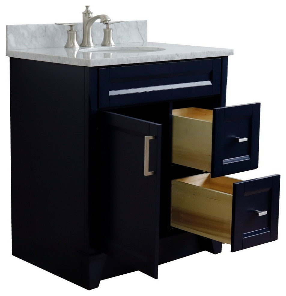 31" Single Sink Vanity, Blue Finish With White Carrara Marble With Oval Sink