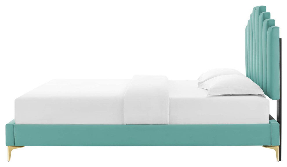 Platform Bed Frame, Queen Size, Velvet, Blue, Modern Contemporary, Bedroom