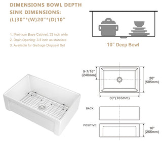 White Ceramic Kitchen Sink Single Bowl Porcelain Basin, 30"x20"x10"