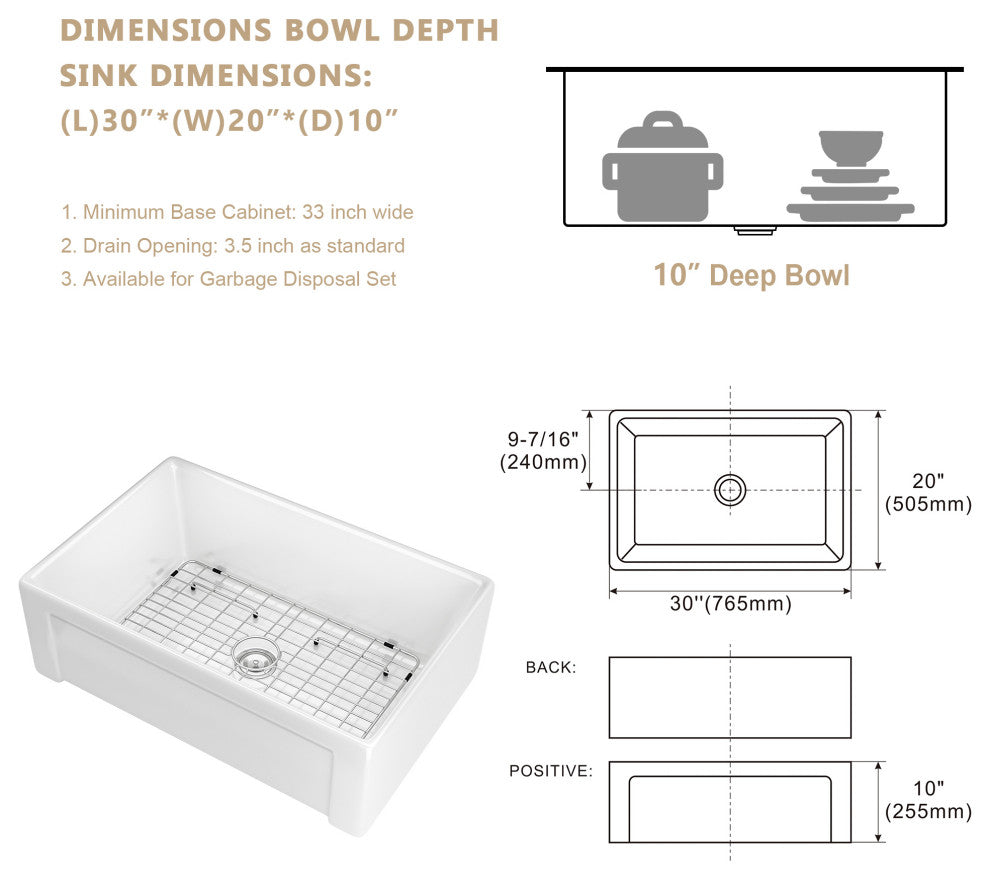 White Ceramic Kitchen Sink Single Bowl Porcelain Basin, 30"x20"x10"