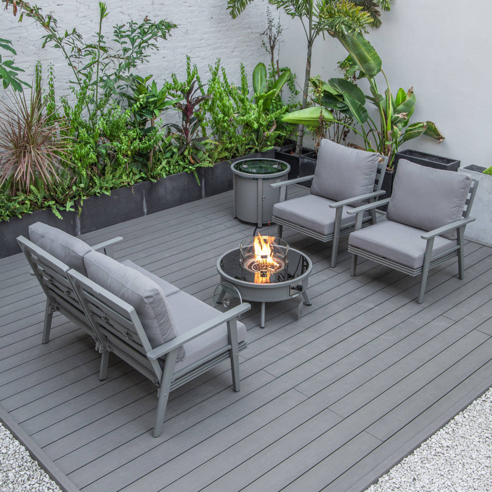 LeisureMod Walbrooke Grey Patio Sofa Set With Round Fire Pit Table, Grey
