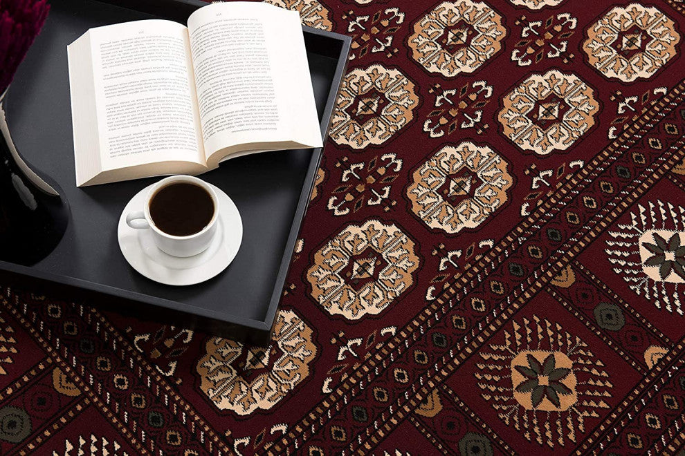 7" Round Red Eclectic Geometric Pattern Area Rug