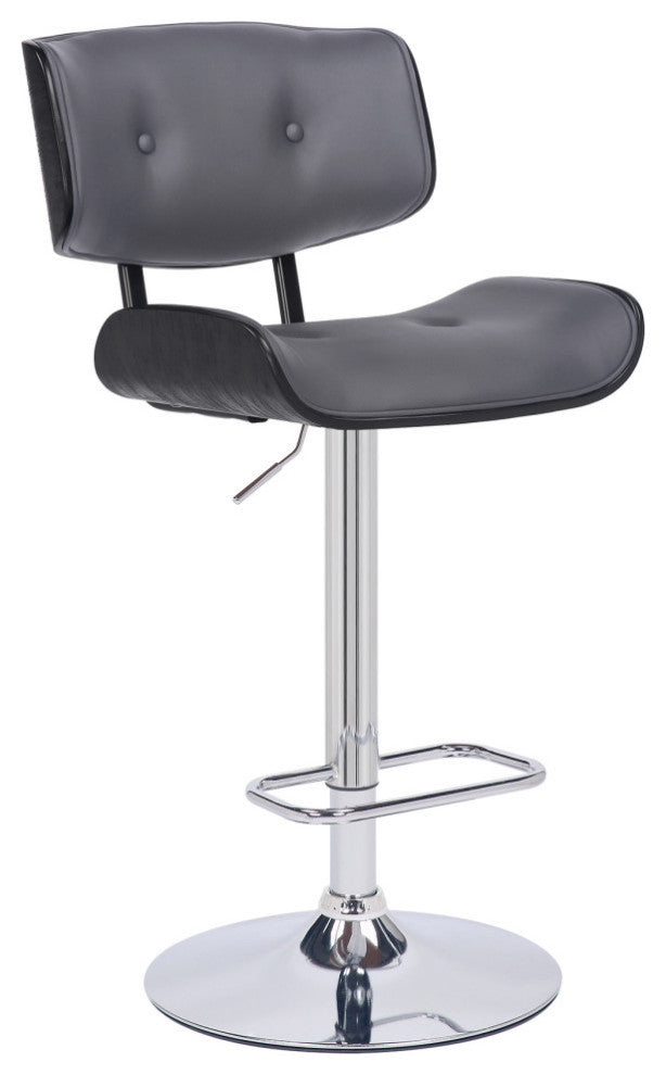 Adjustable Swivel Gray Faux Leather and Black Wood Bar Stool With Chrome Base
