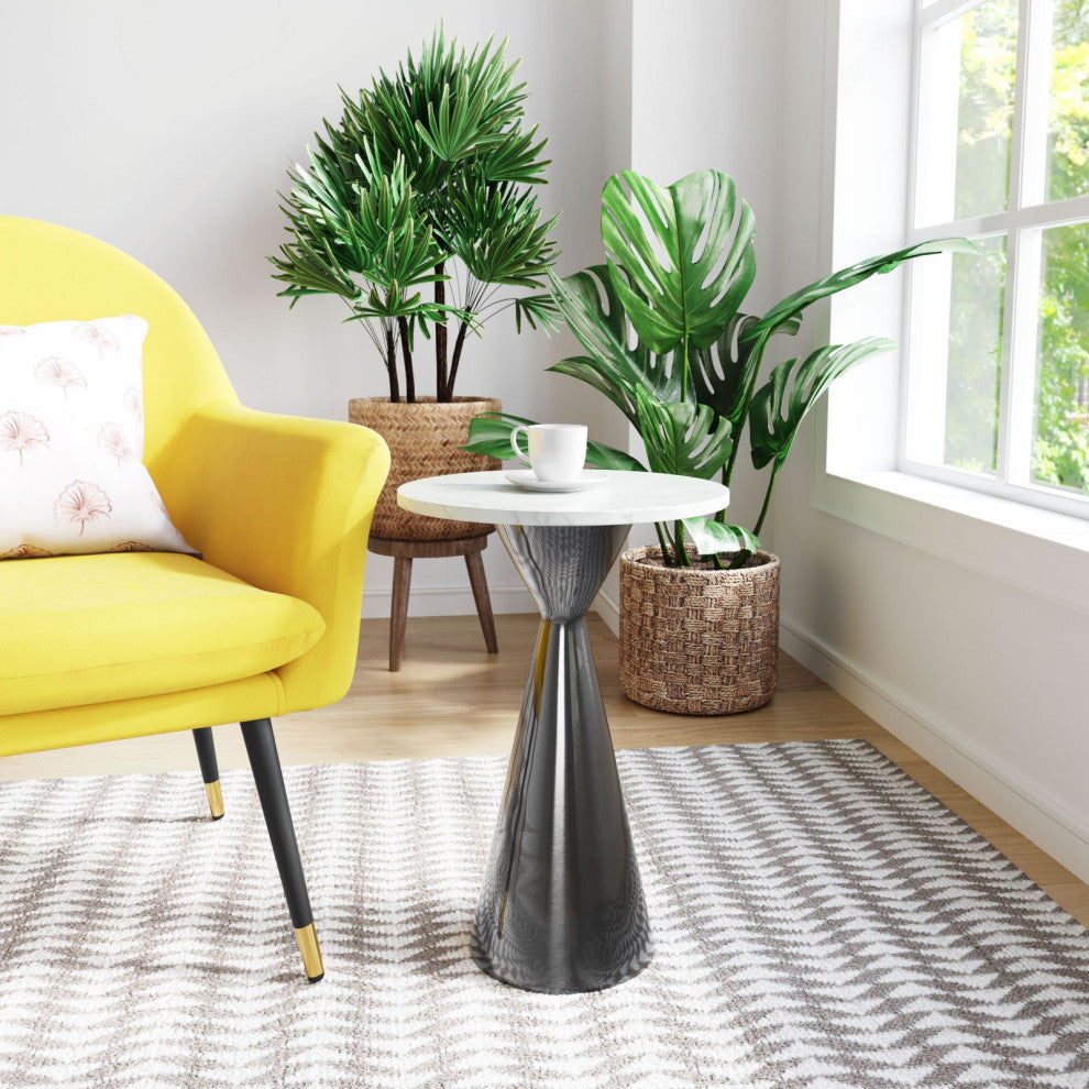 Sofa Side Table, Round, Artificial Marble, Iron Metal, White, Black, Lounge