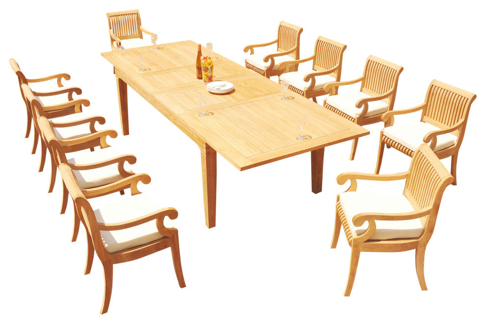 11-Piece Outdoor Teak Dining Set: 122" Rectangle Extn Table, 10 Giva Arm Chairs