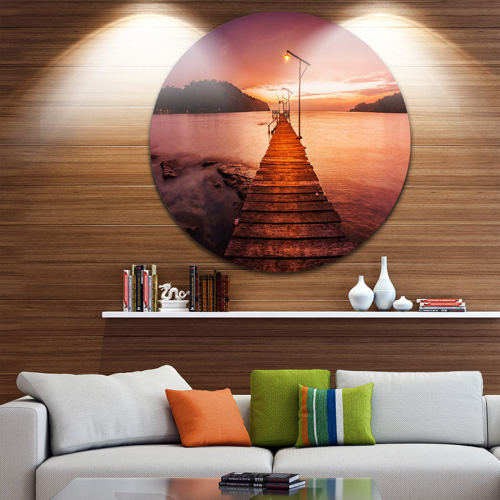 Sunset Over Purple Sea, Seascape Photo Round Wall Art, 11"