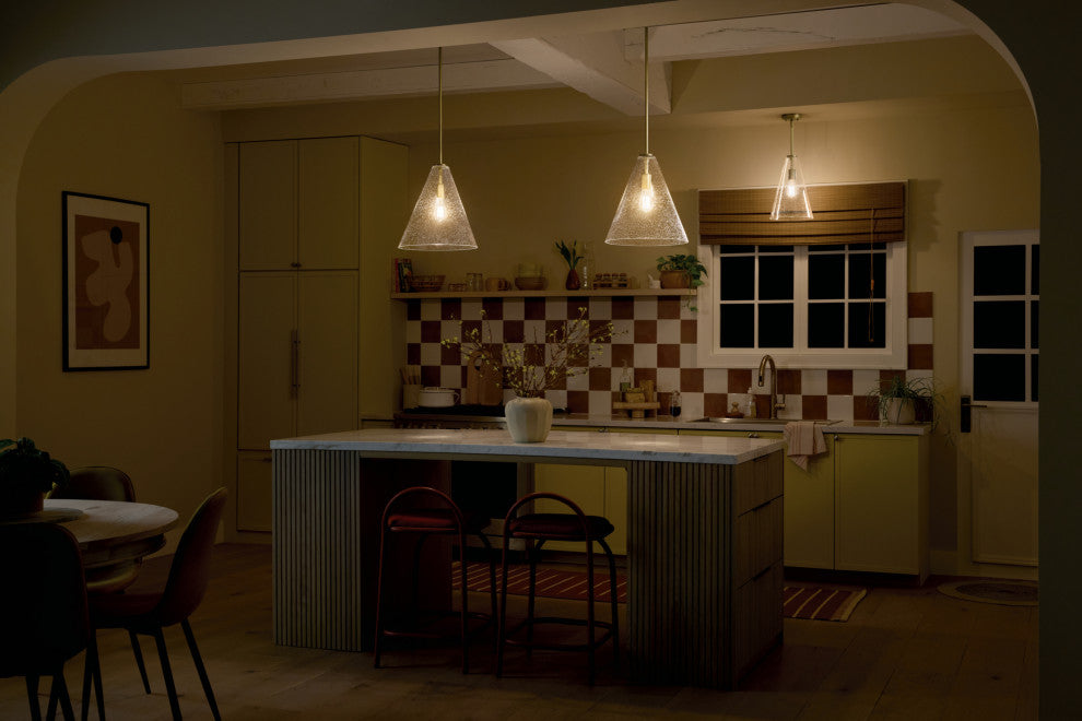 Everly 15.5" 1-Light Cone Pendant With Clear Seeded Glass, Natural Brass
