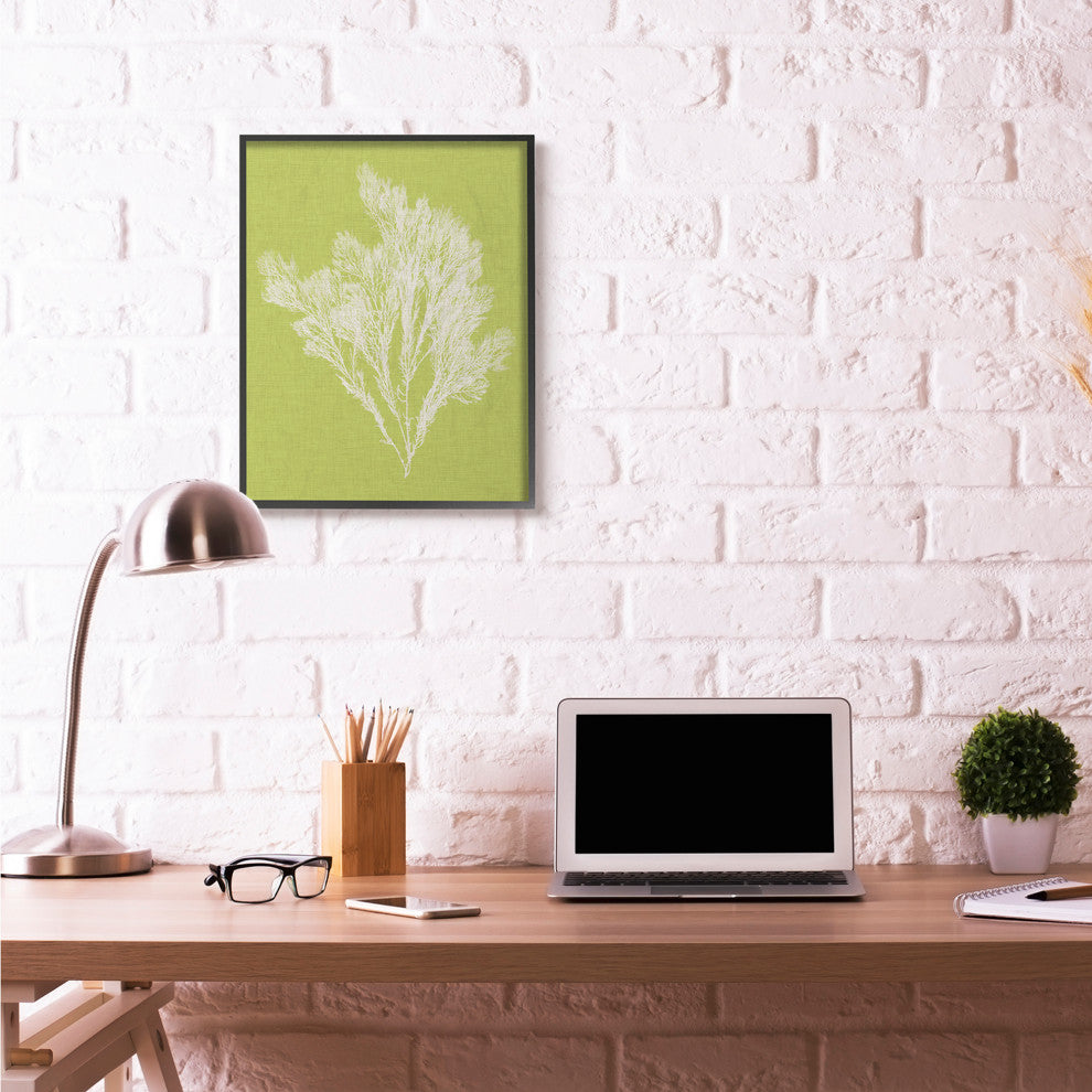 Coral Seaweed Green White Beach Design, 24"x30", Black Frame