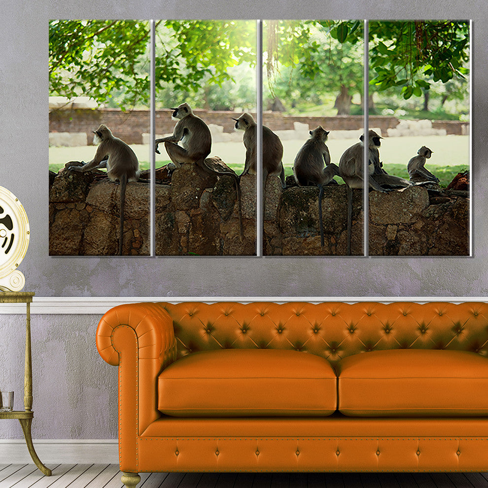Troop of Monkeys in Sri Lanka, African Landscape Canvas Print, 48"x28", 4 Panels