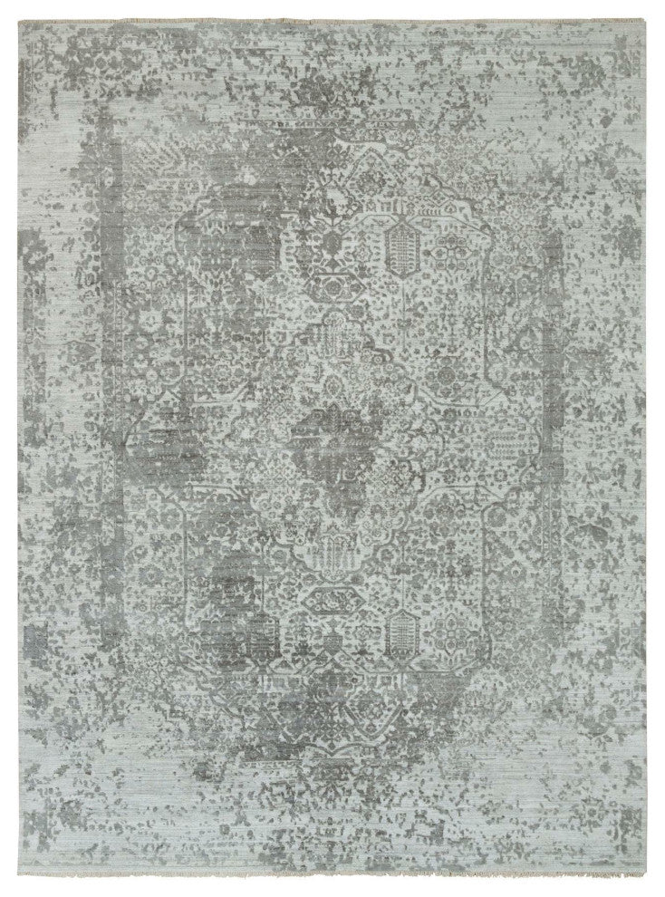 Goose Gray Zoroastrian Hand Knotted Wool and Silk Oriental Rug, 8'11"x12'1"