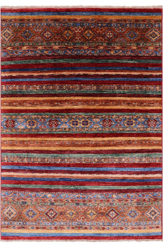 4' 2" X 6' 0" Hand-Knotted Super Kazak Khorjin Wool Rug Q5232