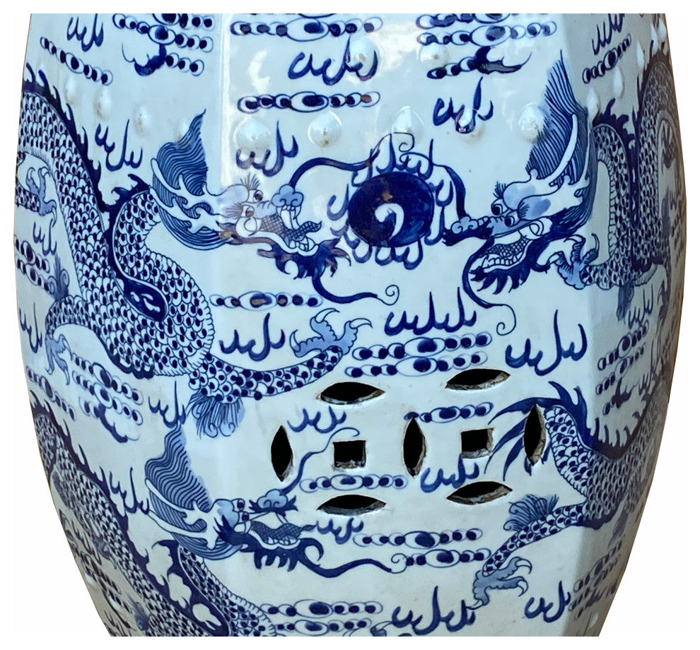 Chinese Blue & White Porcelain Hexagon Double Dragons Table Stool Hcs7004