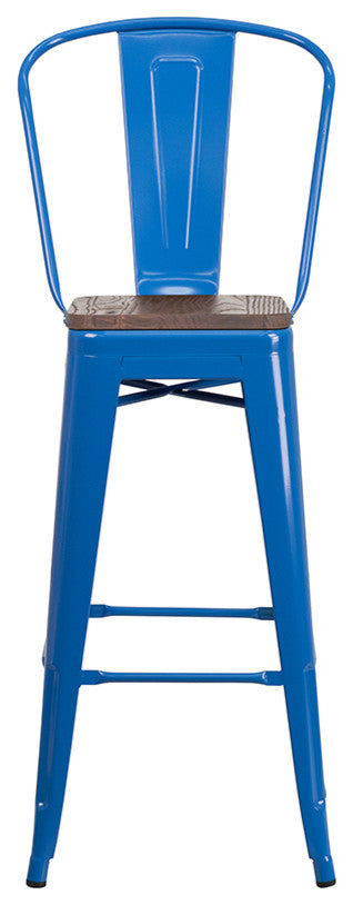 30" High Metal Barstool With Back and Wood Seat, Blue